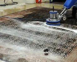Professional rug cleaning with a rotary floor machine and shampoo foam, deep-cleaning an area rug, in Dayton, OH.